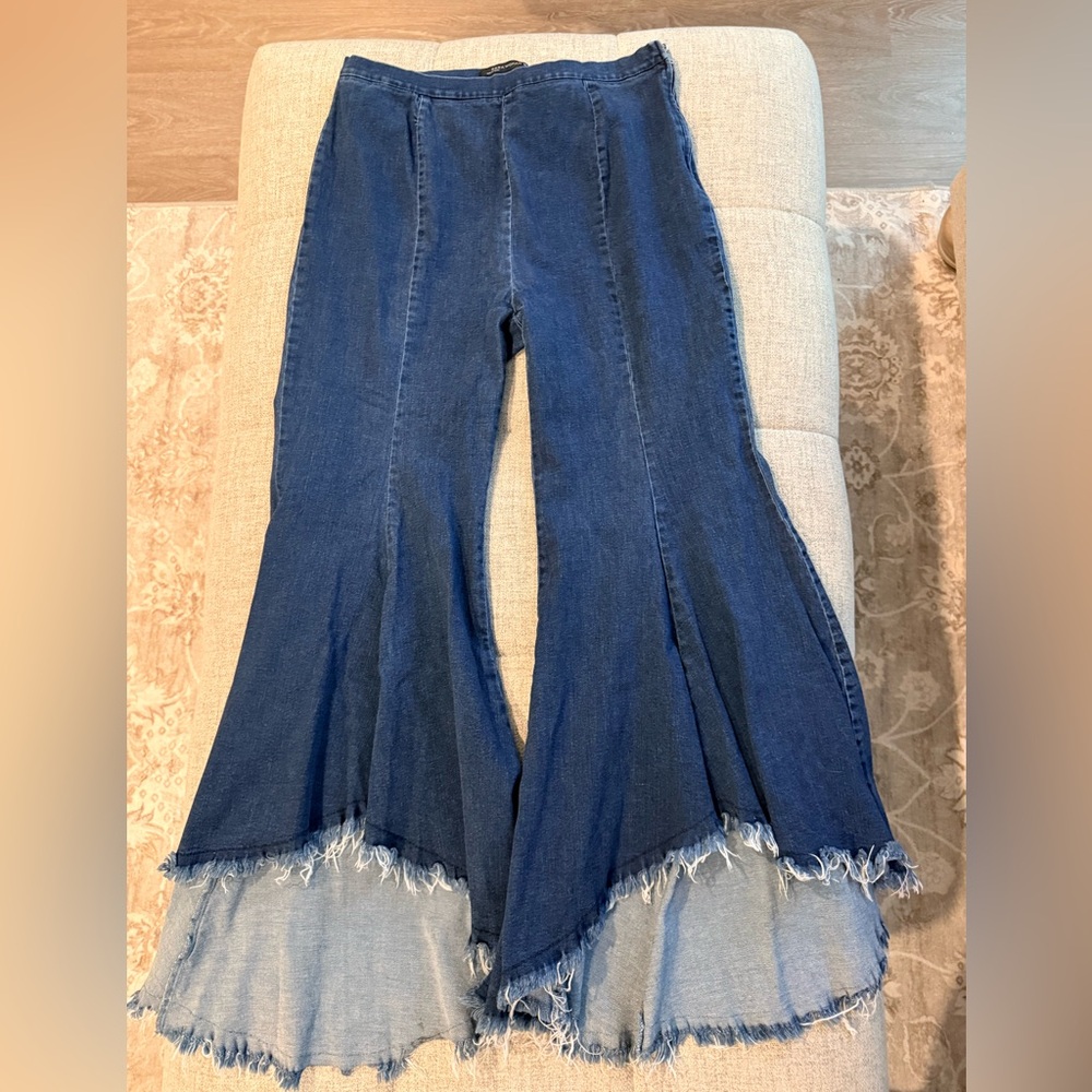 Zara High Rise Denim Jeans High Low with Raw Hem- Size Large